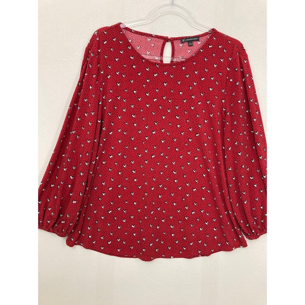 Adrianna Papell Heart Print Blouse Large Red Long Puff Sleeve Stretch Knit